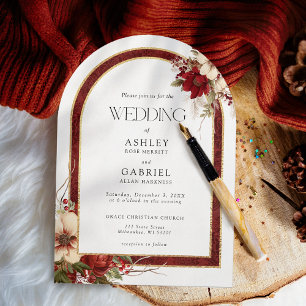 Invitation Élégant Arc floral rouge de Noël Damas