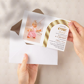 Invitation Elégant Arc Or Baptême 1er anniversaire fille phot