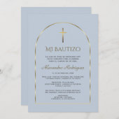 Invitation Elégant Arc Or Dusty Blue Boy espagnol Bautizo (Devant / Derrière)