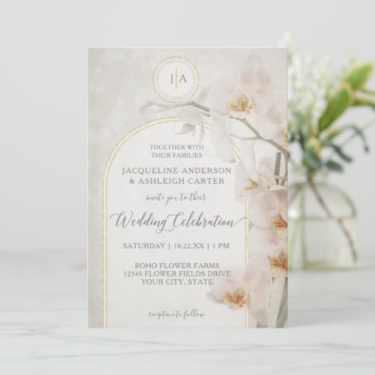 Invitation Élégant Arc Or Orchidée Muté Monogramme Neutre Dan (Debout devant)
