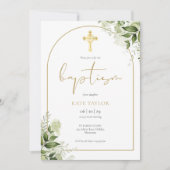 Invitation Elégant Arc Or Verdure Floral Baptême QR Code (Devant)