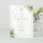Invitation Elégant Arc Or Verdure Floral Baptême QR Code (Debout devant)