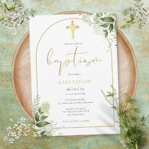 Invitation Élégant Arc Or Verdure Foliage Floral Baptême