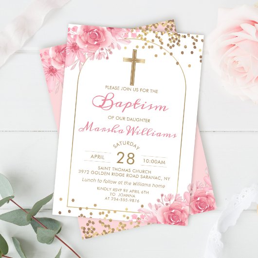 Invitation Élégant Arc Parties scintillant or rose floral fil