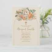 Invitation Élégant Arc Peach Floral Baby Girl Baptism (Debout devant)
