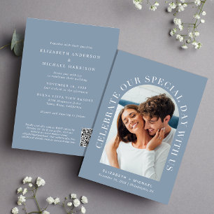 Invitation Elégant Arc Photo QR Code Dusty Blue Mariage