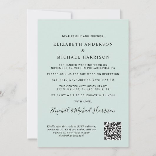 Invitation Elégant Arc Photo QR Code Mint Mariage Réception (Dos)