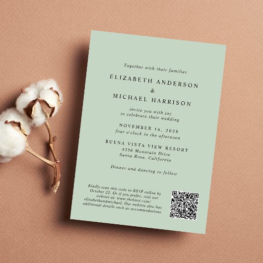 Invitation Elégant Arc Photo QR Code Sage Mariage