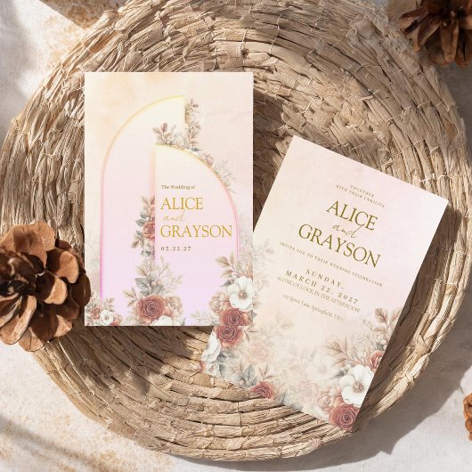 Invitation Elegant Arch Boho Floral Pink Modern Wedding