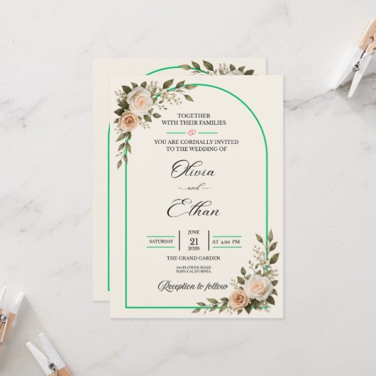 Invitation Élégant Arche de verdure florale de mariage (Devant/Arrière en situation)