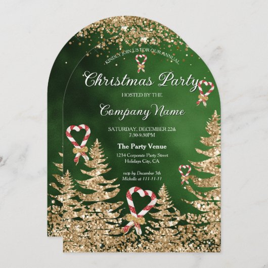 Invitation Elégant Arched Gold Parties scintillant Pine Corpo (Devant / Derrière)
