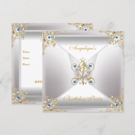 Invitation Elégant Argent Blanc Or Bleu Bijou Anniversaire (Devant / Derrière)
