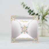 Invitation Elégant Argent Blanc Or Bleu Bijou Anniversaire (Debout devant)