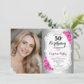 Invitation Elégant argent blanc roseRoses Photo 50e anniversa (Debout devant)