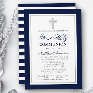 Invitation Élégant Argent Bleu Première Sainte Communion rayé