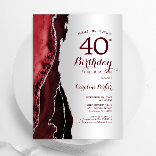 Invitation Elégant Argent Bourgogne Red Agate 40e anniversair