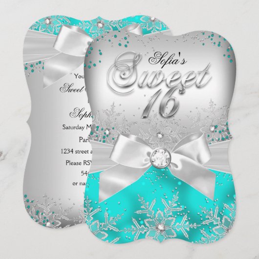 Invitation Élégant Argent Bow Turquoise Sweet sixteen Invitat (Devant / Derrière)