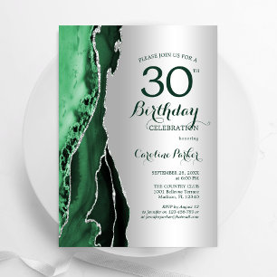 Invitation Élégant Argent Emerald Green Agate 30e anniversair
