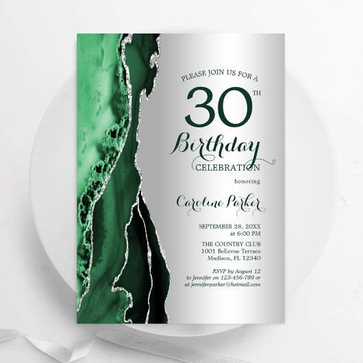 Invitation Élégant Argent Emerald Green Agate 30e anniversair