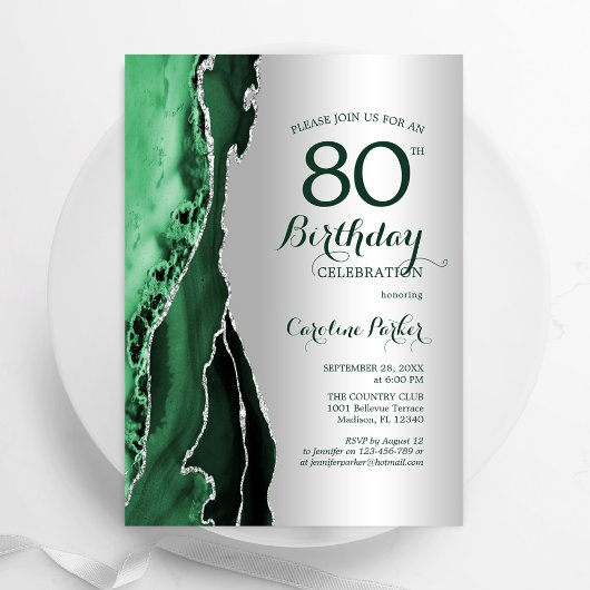 Invitation Elégant Argent Emerald Green Agate 80e anniversair
