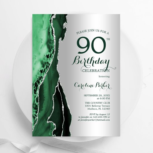 Invitation Élégant Argent Emerald Green Agate 90e anniversair
