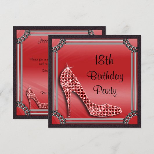 Invitation Elégant Argent encadré Red Stiletto 18e anniversai (Devant / Derrière)