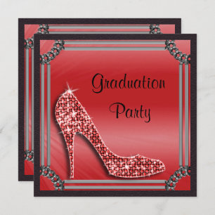 Invitation Élégant Argent encadré Red Stiletto Graduation