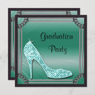 Invitation Élégant Argent encadré Turquoise Stiletto Graduati