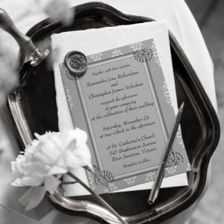 Invitation Elégant argent et Mariage damassé blanche