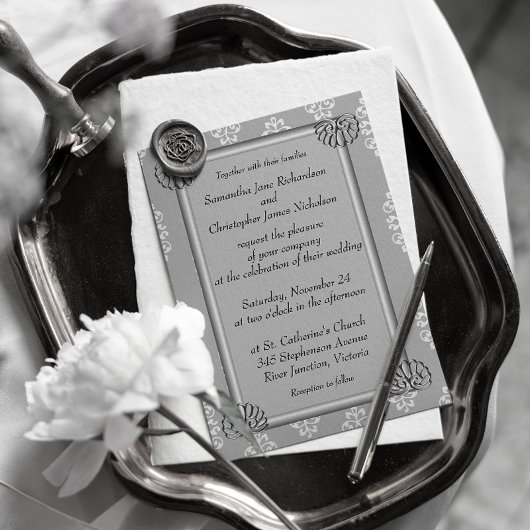 Invitation Elégant argent et Mariage damassé blanche