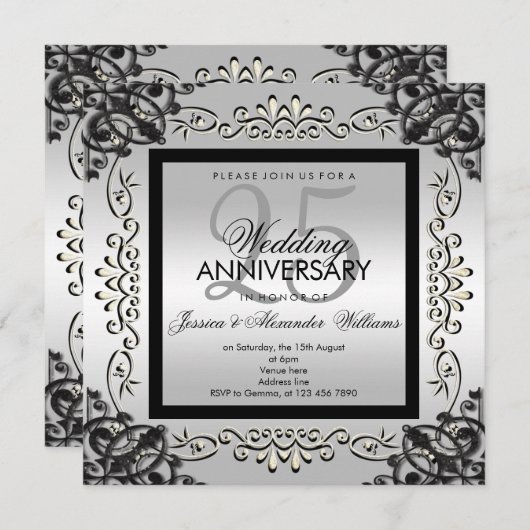 Invitation Élégant Argent et Noir 25e Anniversaire de Mariage (Devant / Derrière)