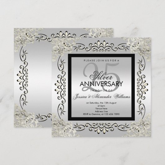 Invitation Élégant Argent et Noir 25e Anniversaire de Mariage (Devant / Derrière)