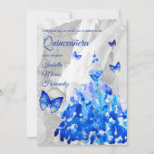 Invitation Elégant argent et papillons bleus Quinceañera (Devant)