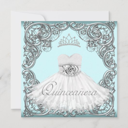 Invitation Elégant argent et Turquoise Quinceanera bleu (Devant)