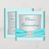 Invitation Elégant argent et Turquoise Quinceanera bleu (Devant / Derrière)