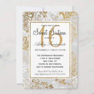 Invitation Elégant Argent Or et Gris Floral Sweet 16