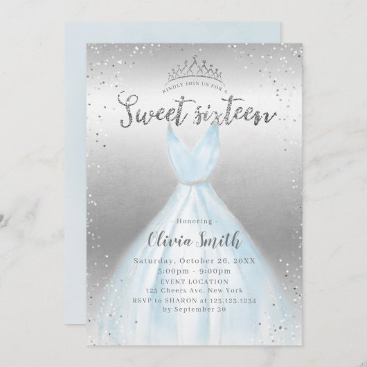 Invitation Elégant argent parties scintillant bleu Robe douce (Devant / Derrière)