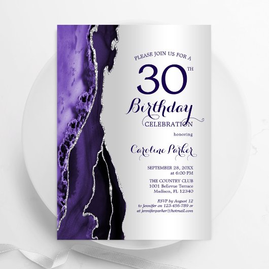 Invitation Elégant Argent Purple Agate 30e anniversaire