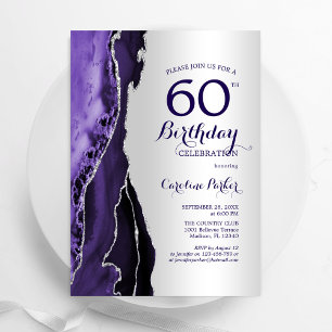 Invitation Elégant Argent Purple Agate 60e anniversaire
