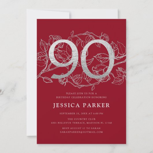 Invitation Elégant Argent Rouge 90e anniversaire (Devant)