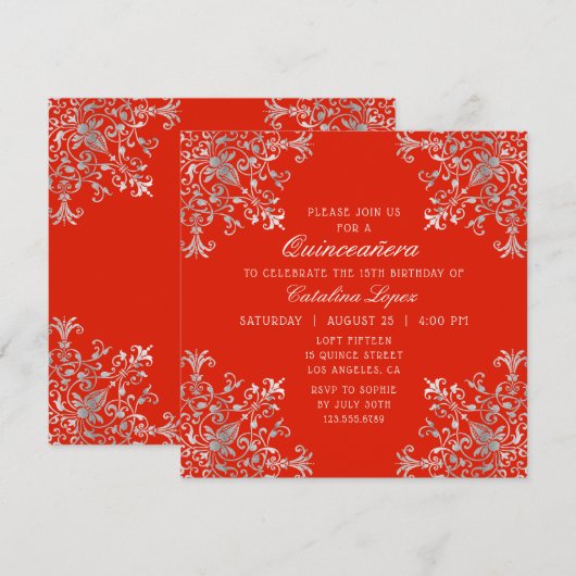 Invitation Elégant Argent Rouge Orné Floral Quinceañera (Devant / Derrière)