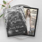 Invitation Élégant Argent String Lumières Photo Sweet 16