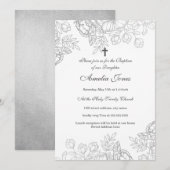 Invitation Élégant Argent Vintage Baptême floral (Devant / Derrière)