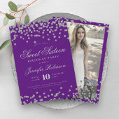 Invitation Elégant Argent Violet Confetti Photo Sweet 16