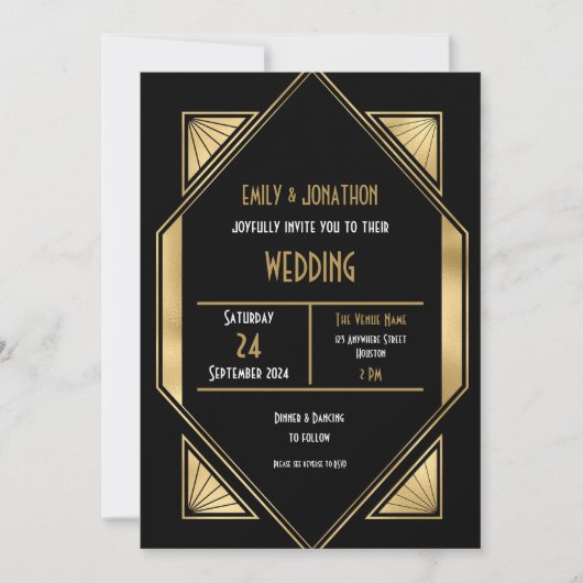 Invitation Élégant Art Déco Gold Noir QR Code Mariage (Devant)