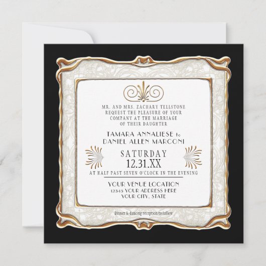 Invitation Élégant Art Déco Noir Gold Nouveau Gatsby Mariage (Devant)
