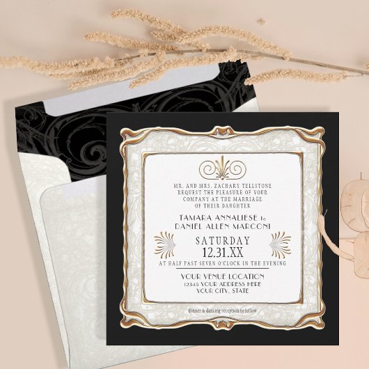 Invitation Élégant Art Déco Noir Gold Nouveau Gatsby Mariage
