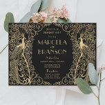 Invitation Elégant Art Déco Peacocks Gold Engagement Party<br><div class="desc">Invitation Art Déco moderne en or sur couleur personnalisée. Tout le texte est modifiable. Option de site Web à l'arrière.</div>