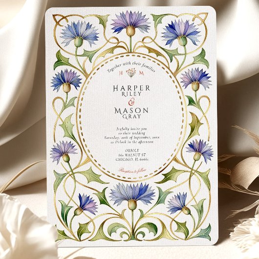 Invitation Elegant Art Nouveau Cornflower Gold Wedding