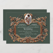 Invitation Elégant Art Nouveau Gold et Mariage photo vert (Devant / Derrière)